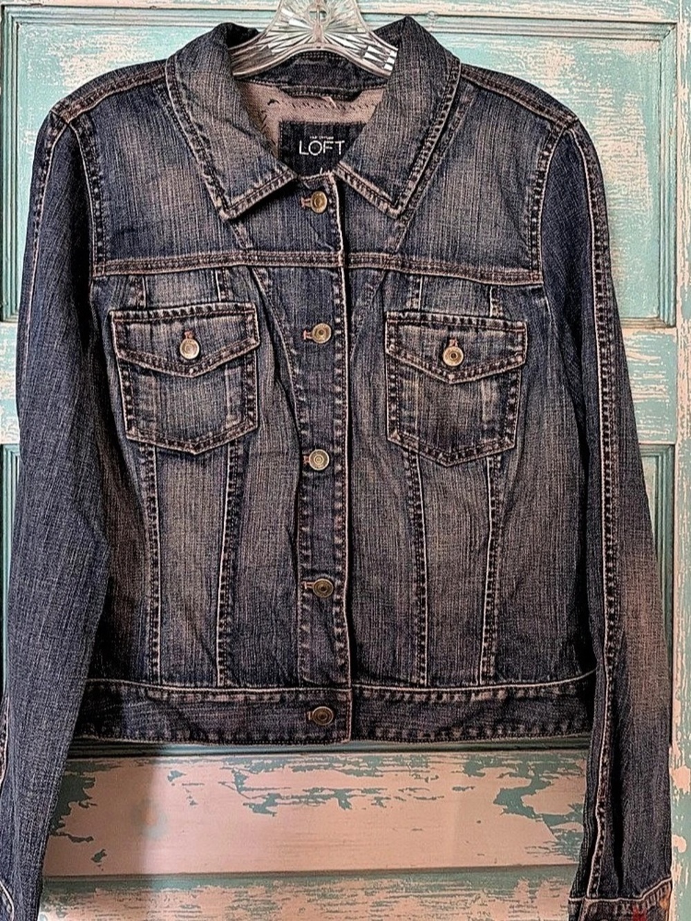 LOFT upcycled skull goth Embroidered Graphic Denim Jacket skeleton Halloween EUC